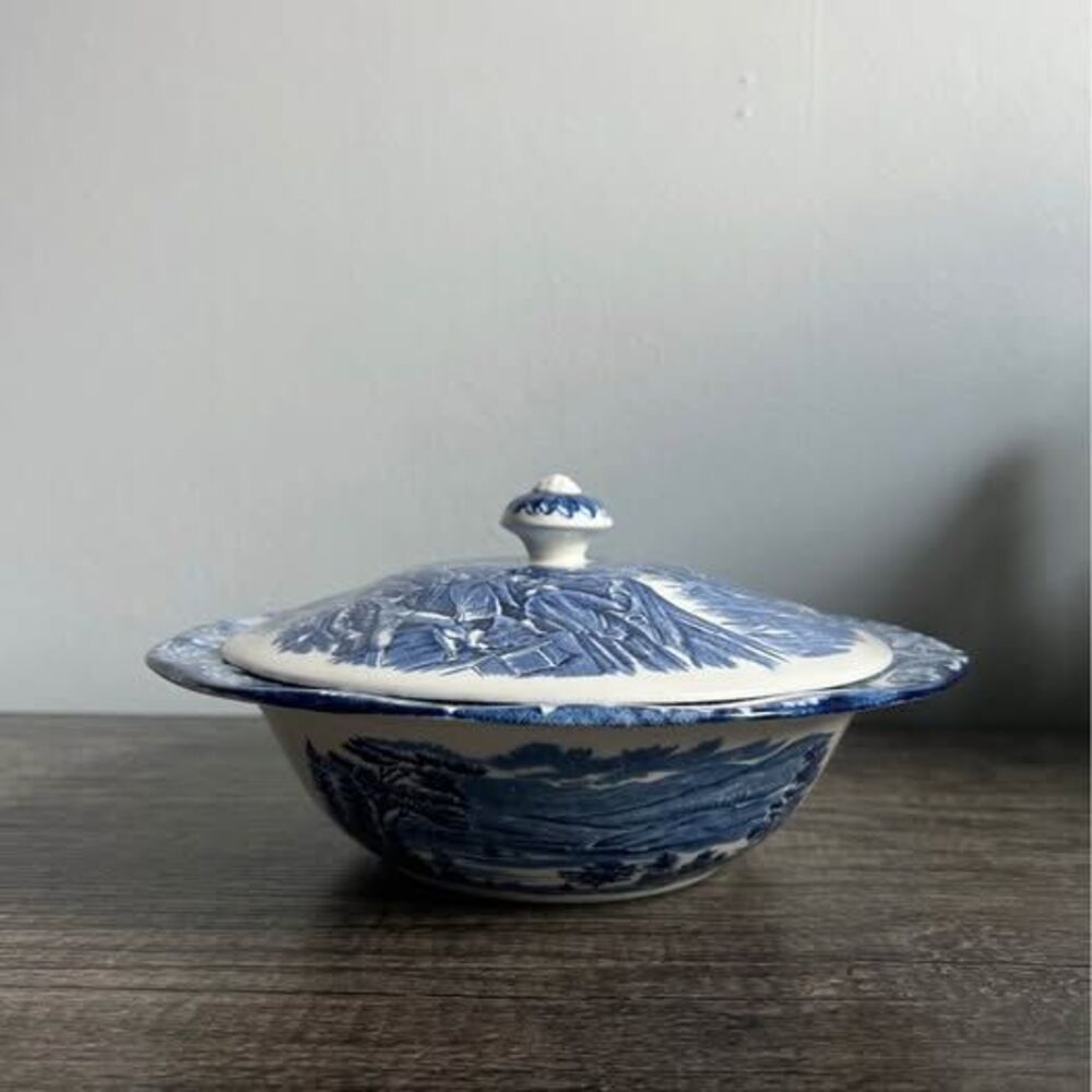 Vintage Blue and White Liberty Blue Boston Tea Party Casserole Dish with Lid